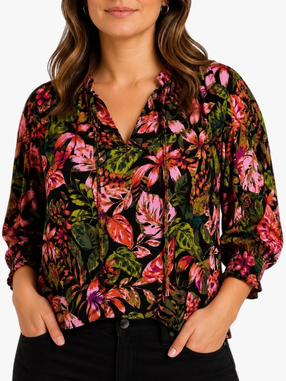 Terra & Sky Women’s Plus Size 1X Tropical Floral Peasant Blouse